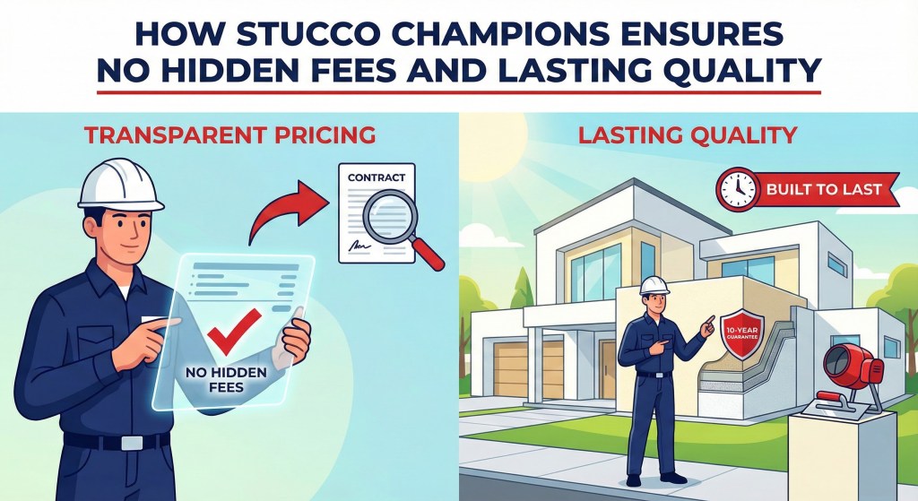Stucco Champions infographic comparing warm earth-tone stucco versus cool modern white stucco to show the impact on curb appeal.