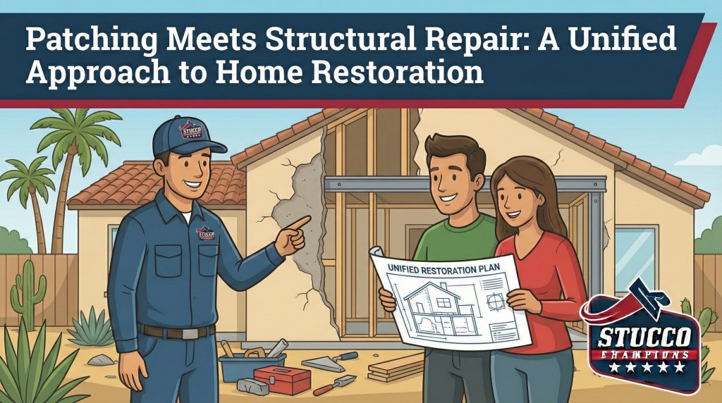 A professional technical infographic from Stucco Champions titled "Patching Meets Structural Repair: A Unified Approach to Home Restoration," showing a contractor pointing to a large wall crack while a couple reviews a "Unified Restoration Plan" blueprint in front of a house under repair.