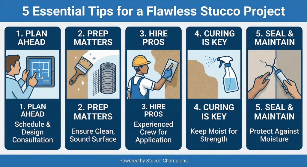 A flat-lay composition of essential stucco tools, a weather thermometer, and a project checklist on a clipboard, representing the preparation needed for a flawless stucco application.