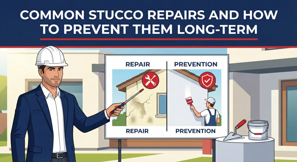 Stucco Champions guide comparing common stucco repairs against long-term prevention strategies on a whiteboard.